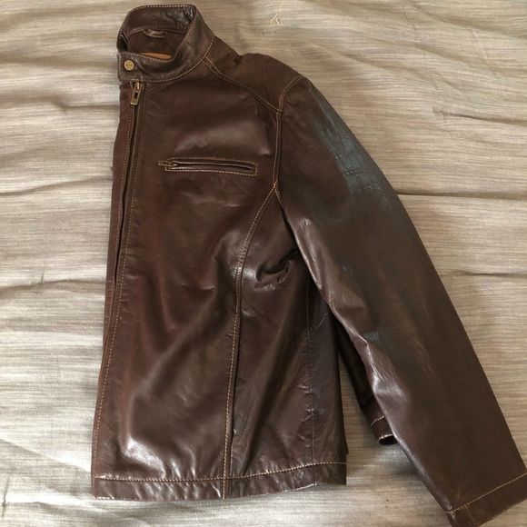 Men’s Guess Brown Genuine Leather Moto Jacket. - Picture 6 of 6